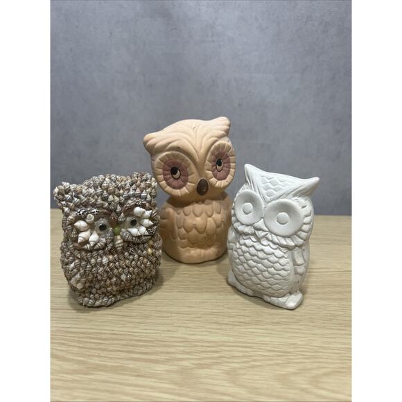 Vintage Sea Shell /Chalk Owls Folk Art Sculpture Owl Figurine Google Eyes Lot 3 - Picture 1 of 6